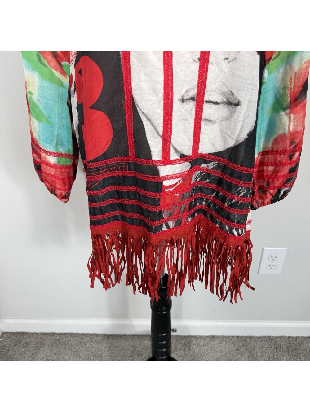 Womens Y2K Custo Barcelona Face Graphic Dress Abstract Fringe Silk Blend Size 2 - Picture 2 of 9